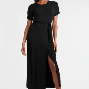 NWT women's EXPRESS Belted Maxi T-Shirt Slit Dress Black XS $80